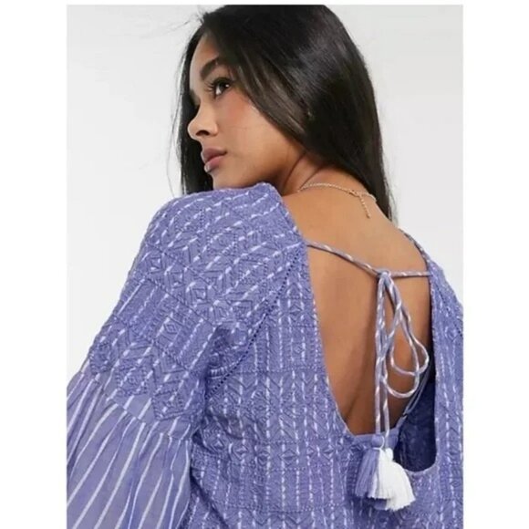 Free People Lola Embroidered Mini Dress S Blue White Stripes Cutout Back Tassels - Picture 13 of 14